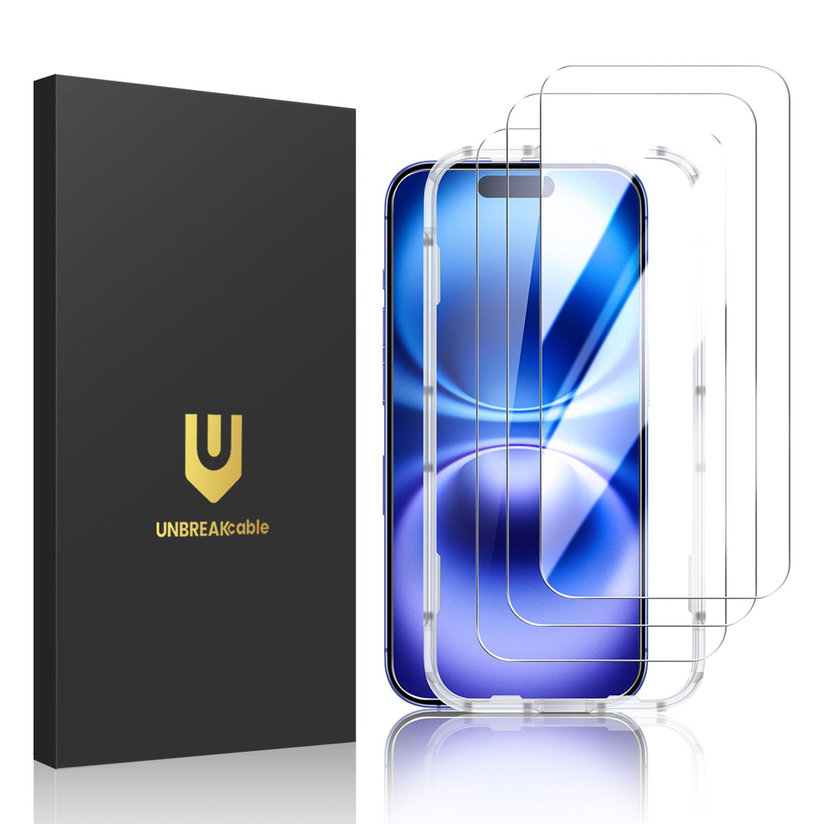 UNBREAKcable 3-Pack Screen Protector for iPhone 16 Tempered Glass | Shatterproof, Easy Install, 9H Hardness, 99.99% HD Clear, Bubble-Free, Anti-Fingerprint, Scratch Resistant, Case Friendly
