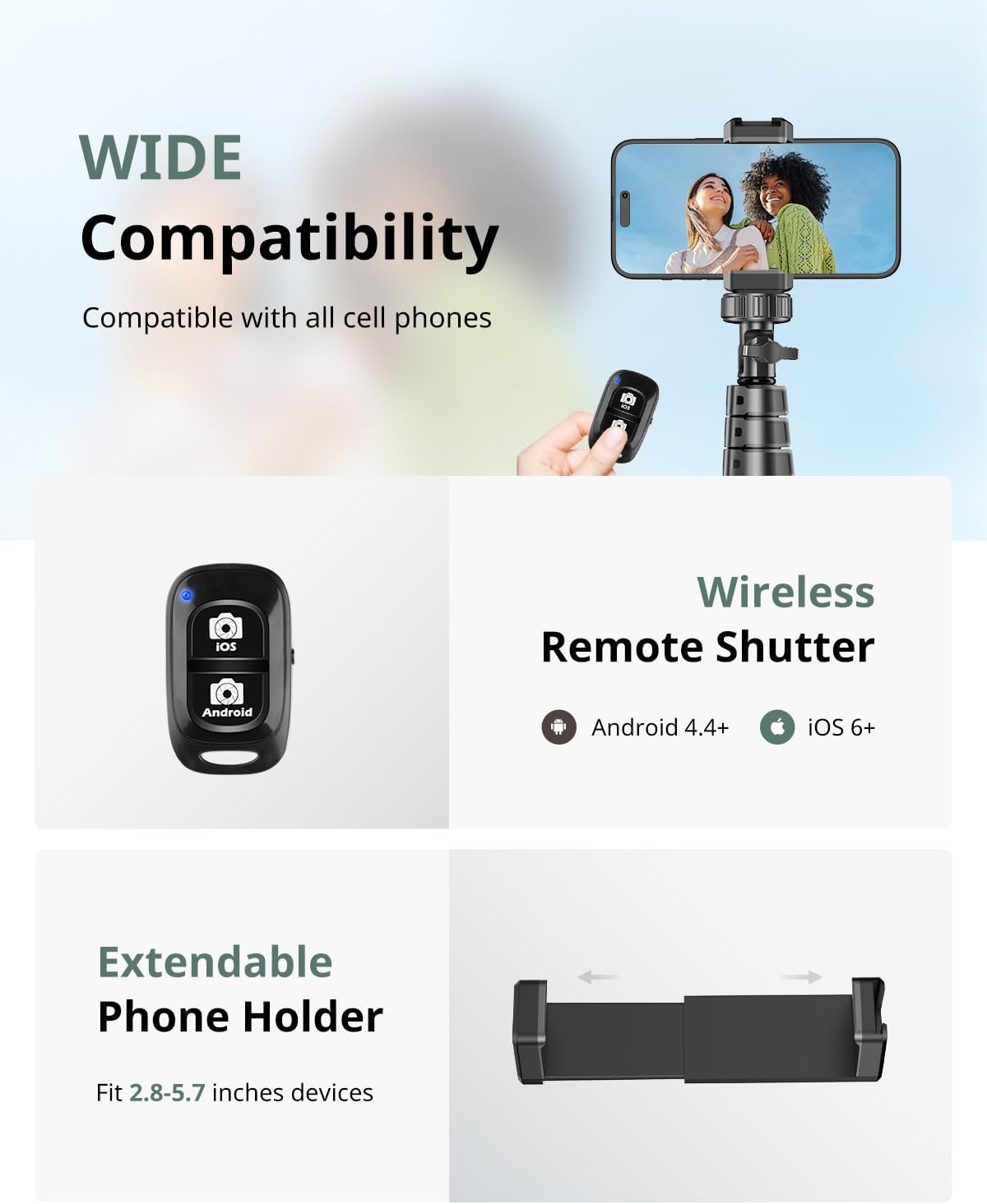 SENSYNE 62" Phone Tripod for iPhone, Extendable Selfie Stick Tripod Stand with Wireless Remote and Phone Holder, Cell Phone Tripod for Video Recording, Compatible with iPhone Android
