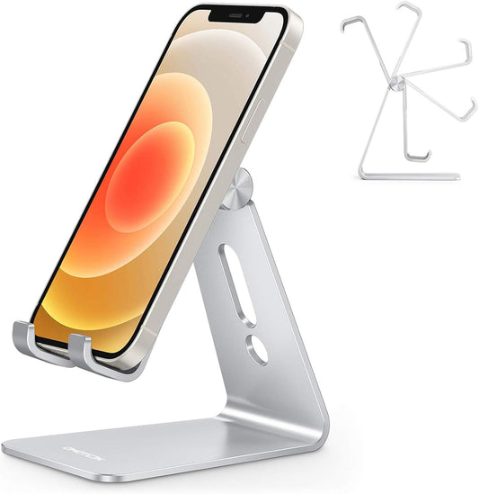 OMOTON C2 Adjustable Aluminum Cell Phone Stand with Charging Cutout, Silver | Sturdy 3mm Base with Non-Slip Silicone Pads, Multi-Angle, Works with 19mm Thick Cases Smartphones, Desktop Recording Facetime