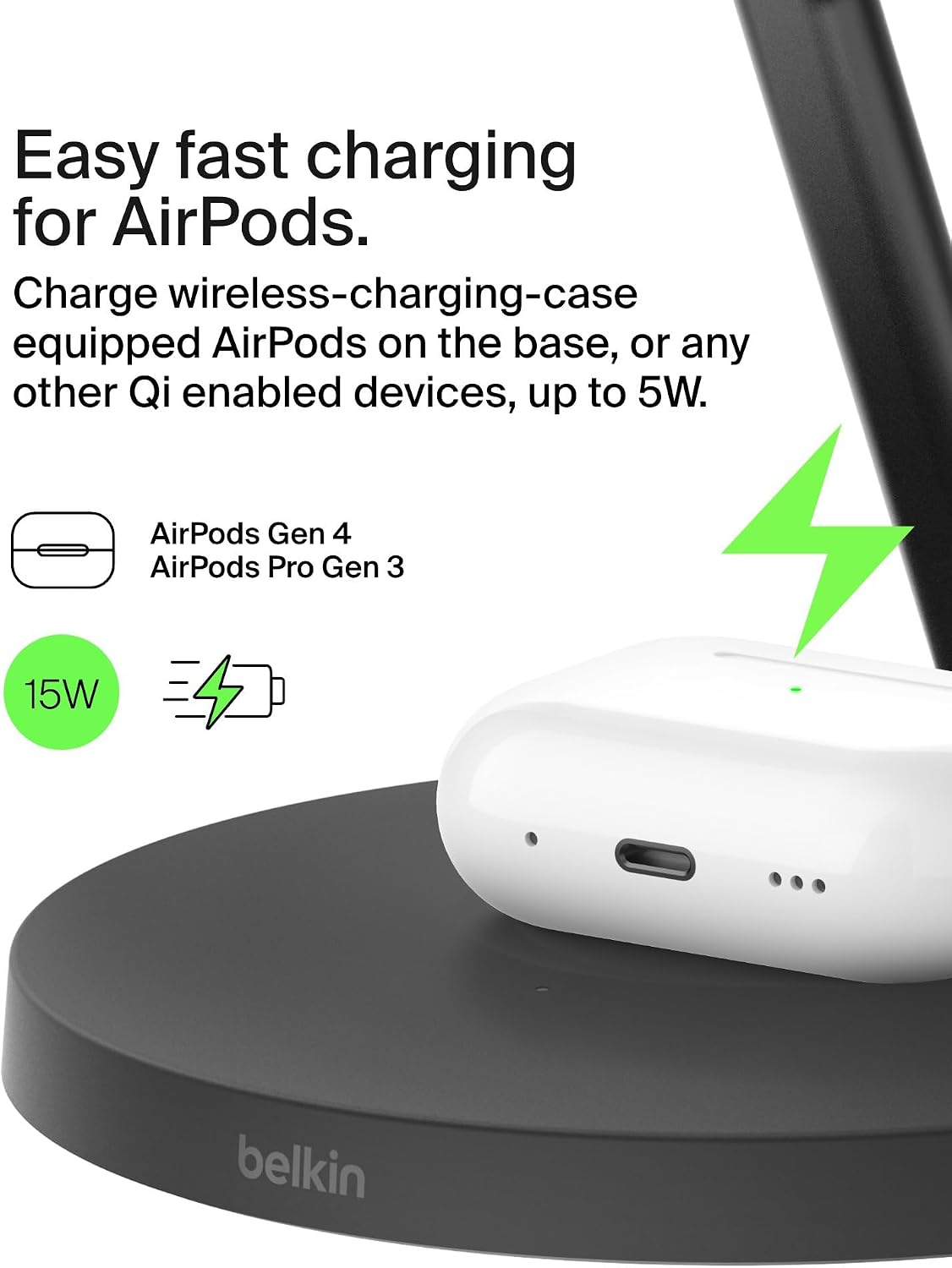 Belkin Qi2 15W Wireless Charging Station, 3 in 1 iPhone Charger | Fast Charging, MagSafe Compatible, iPhone 17/16/15, Apple Watch, AirPods, Travel Charger, Magnetic