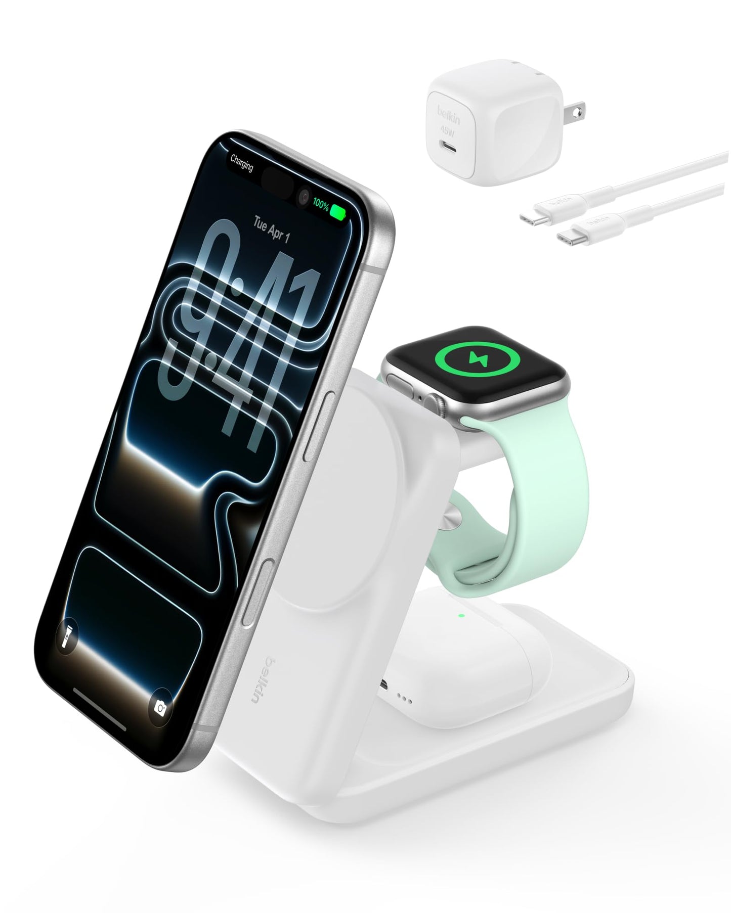 Belkin Qi2.2 25W Wireless 3 in 1 Foldable Fast Charging Station for iPhone | Fast Charigng, MagSafe Compatible, iPhone 17/16/15, Apple Watch, AirPods, Travel Charger, Magnetic