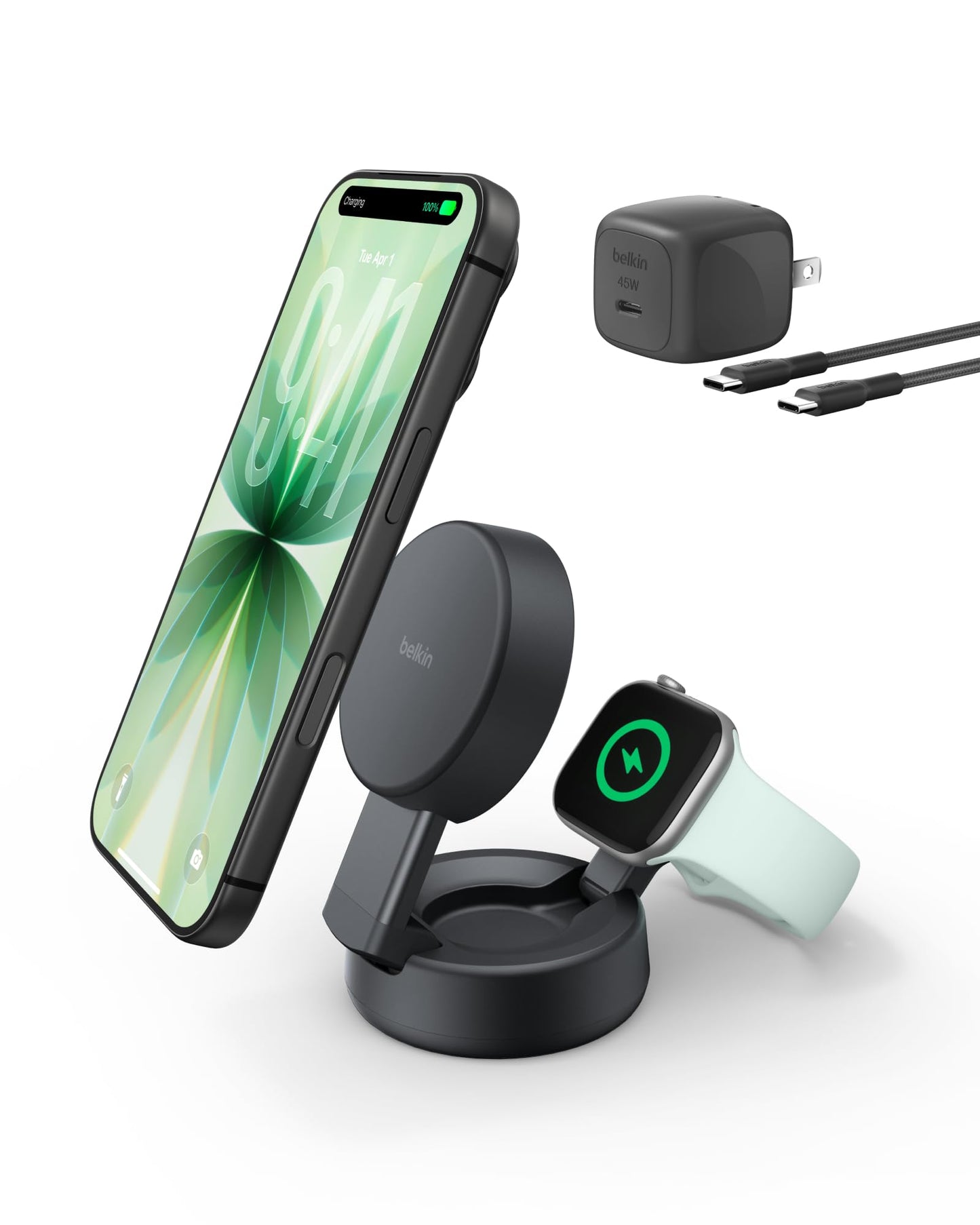 Belkin Qi2.2 25W Wireless Fast Charging Station, 3 in 1 iPhone Charger | Fast Charging, MagSafe Compatible, iPhone 17/16/15, Apple Watch, AirPods, Travel Charger, Magnetic