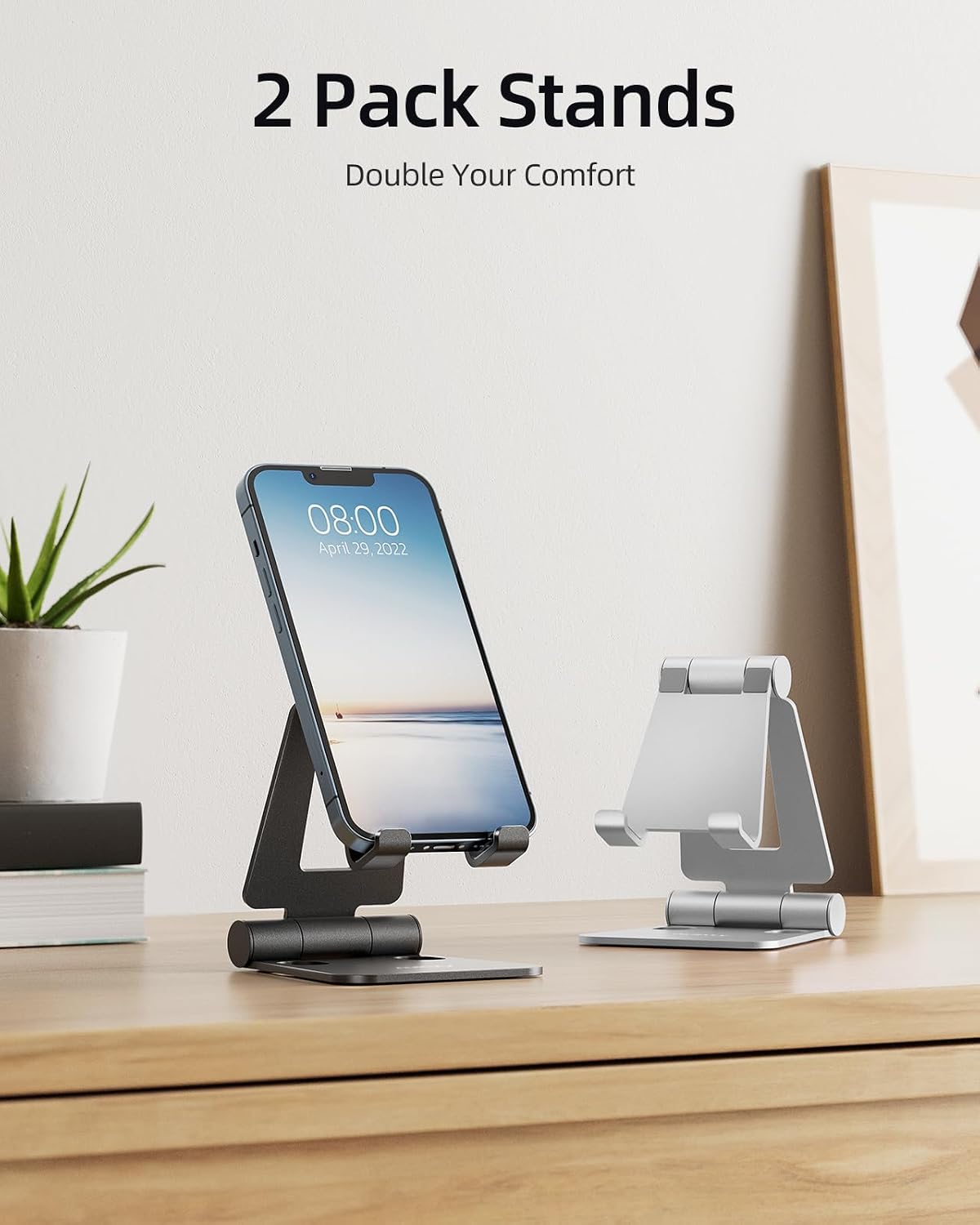 Nulaxy 2 Pack Aluminum Dual Folding Cell Phone Stand for Desk, Black&Silver | Height Angle Adjustable, Portable Phone Holder Fits 18mm Thick Case, Anti-Slip Base, Smartphone Desktop Essential Accessory