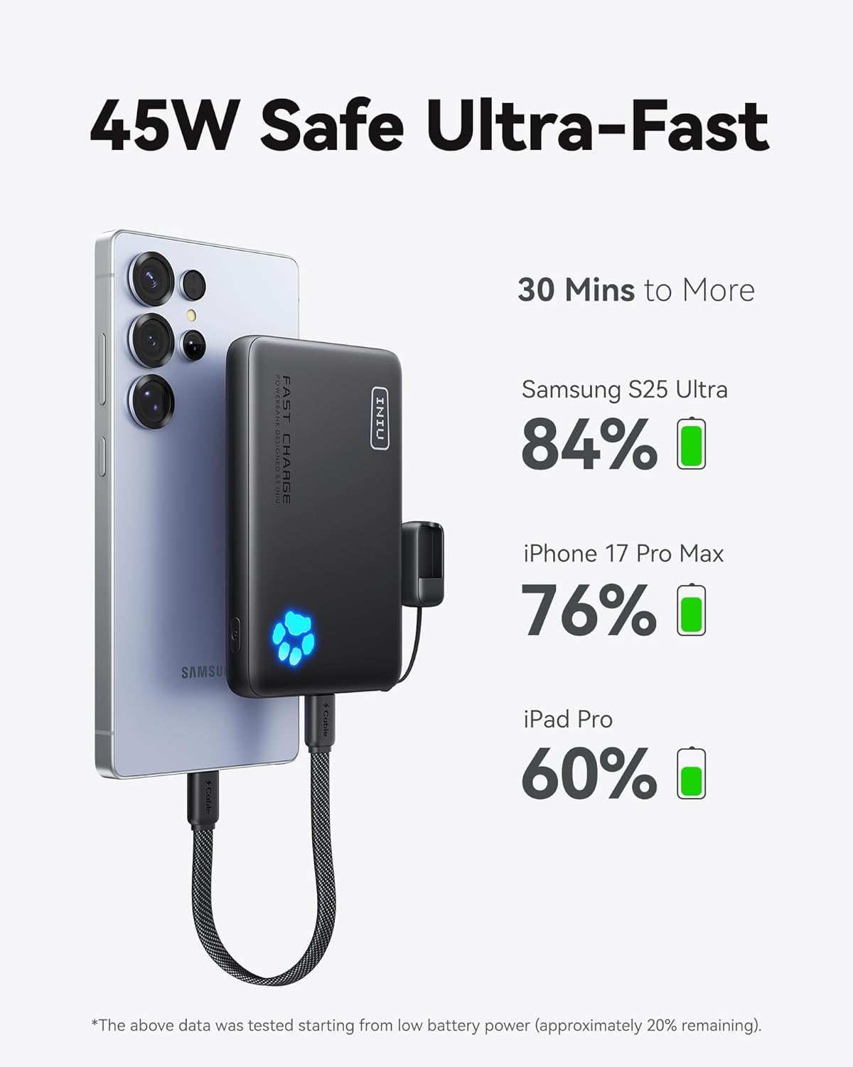 INIU 45W Fast Charging Portable Charger, Smaller 10000mAh Travel Power Bank | Flight-Safe, Detachable USB C Cable, Travel Essential, External Battery Phone Pack for iPhone 17 Samsung S26 iPad etc