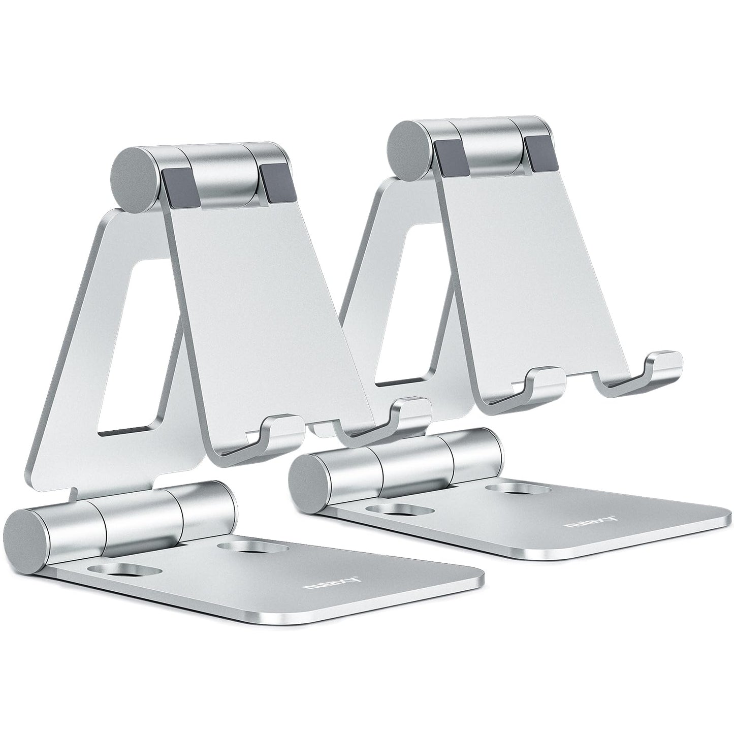 Nulaxy 2 Pack Aluminum Dual Folding Cell Phone Stand for Desk, Black&Silver | Height Angle Adjustable, Portable Phone Holder Fits 18mm Thick Case, Anti-Slip Base, Smartphone Desktop Essential Accessory