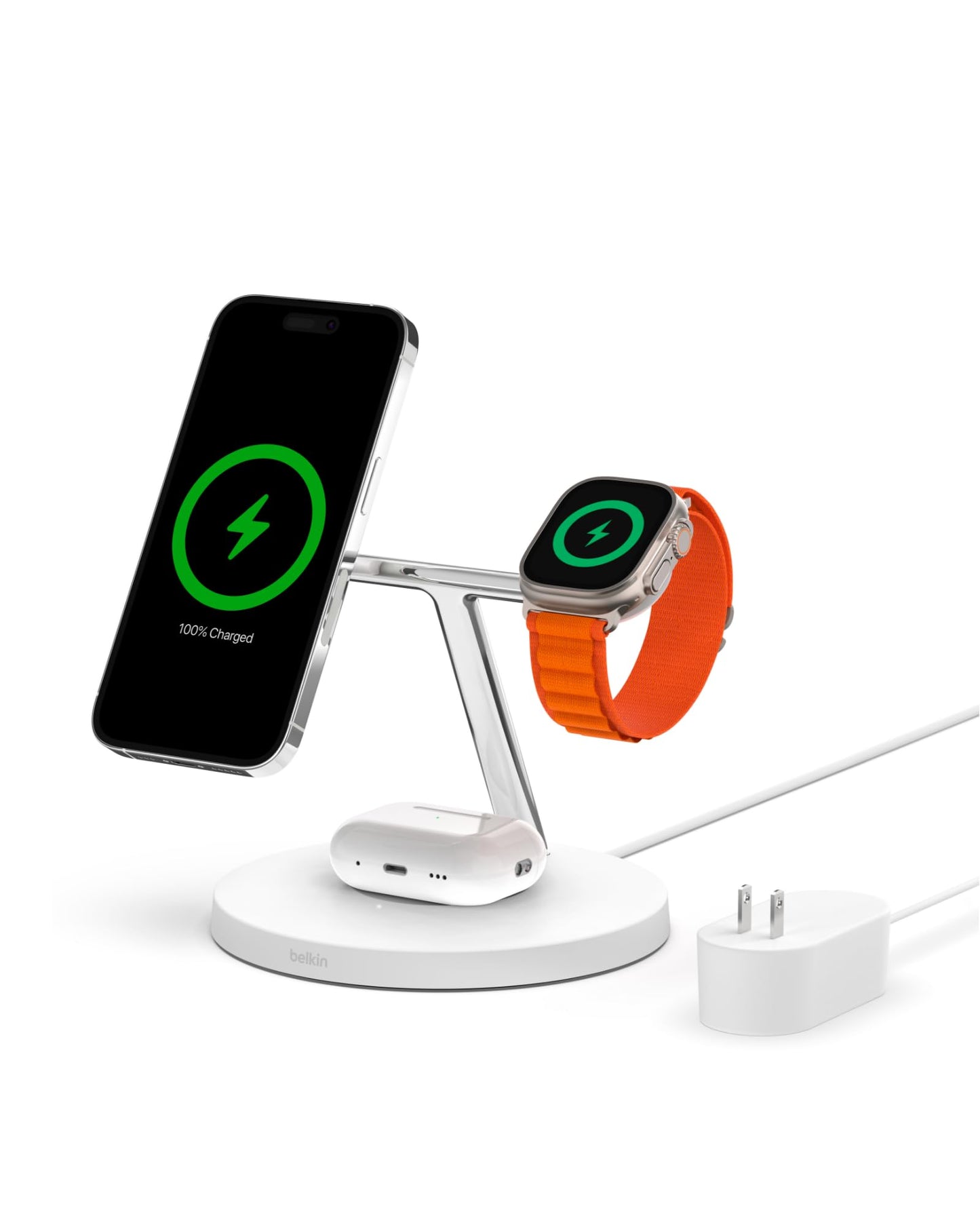 Belkin Qi2 15W Wireless Charging Station, 3 in 1 iPhone Charger | Fast Charging, MagSafe Compatible, iPhone 17/16/15, Apple Watch, AirPods, Travel Charger, Magnetic
