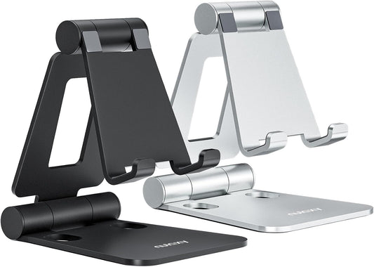 Nulaxy 2 Pack Aluminum Dual Folding Cell Phone Stand for Desk, Black&Silver | Height Angle Adjustable, Portable Phone Holder Fits 18mm Thick Case, Anti-Slip Base, Smartphone Desktop Essential Accessory