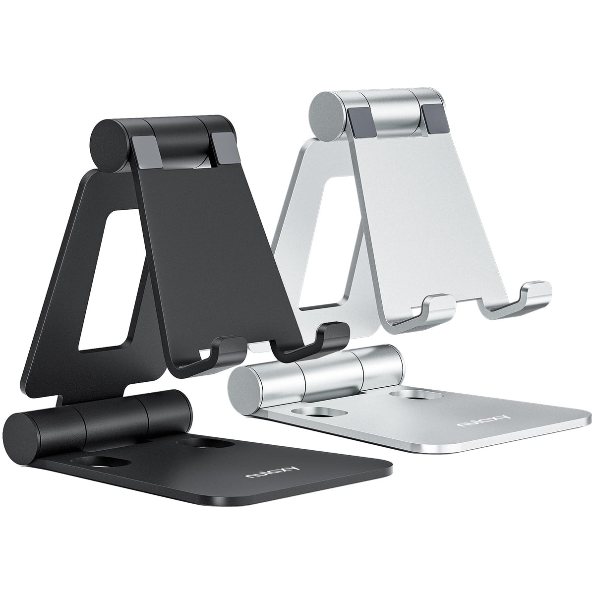 Nulaxy 2 Pack Aluminum Dual Folding Cell Phone Stand for Desk, Black&Silver | Height Angle Adjustable, Portable Phone Holder Fits 18mm Thick Case, Anti-Slip Base, Smartphone Desktop Essential Accessory