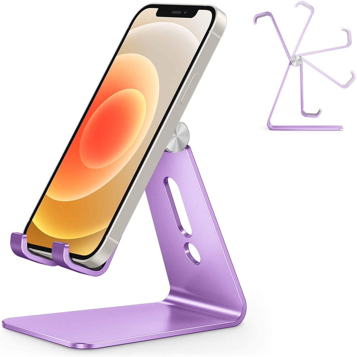 OMOTON C2 Adjustable Aluminum Cell Phone Stand with Charging Cutout, Silver | Sturdy 3mm Base with Non-Slip Silicone Pads, Multi-Angle, Works with 19mm Thick Cases Smartphones, Desktop Recording Facetime
