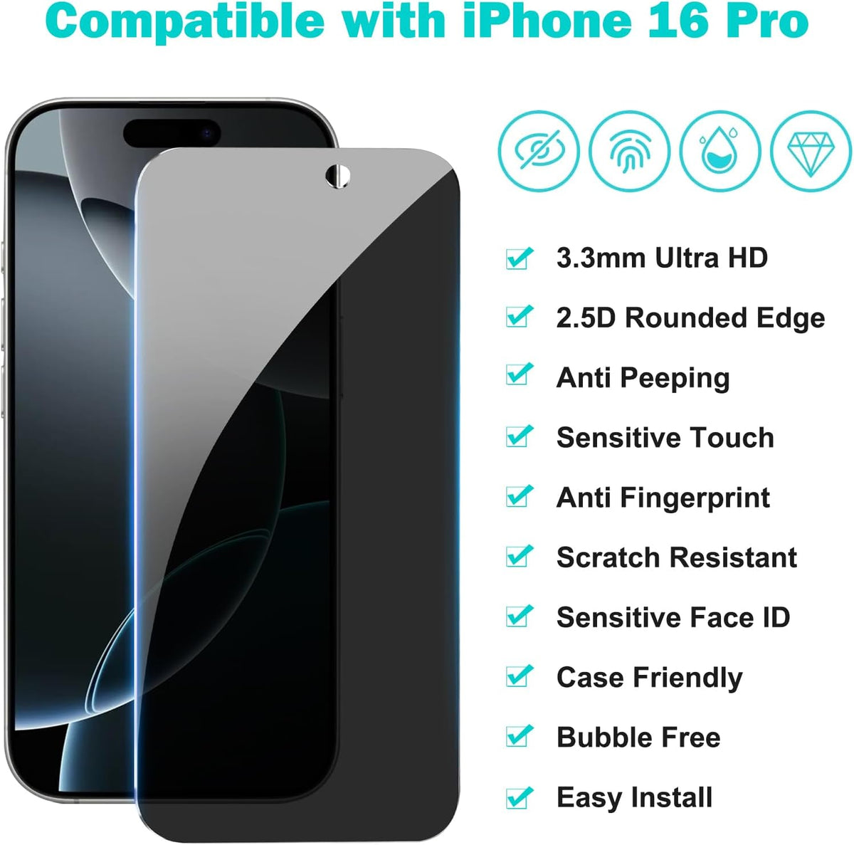 PEHAEL for iPhone 16 Pro Privacy Screen Protector+Camera Lens Protector | 3+3 Pack, Installation Frame, Cleaning kits, Anti-Spy Private, Anti-Scratch, 9H Tempered Glass, Case Friendly, [6.3 inch]