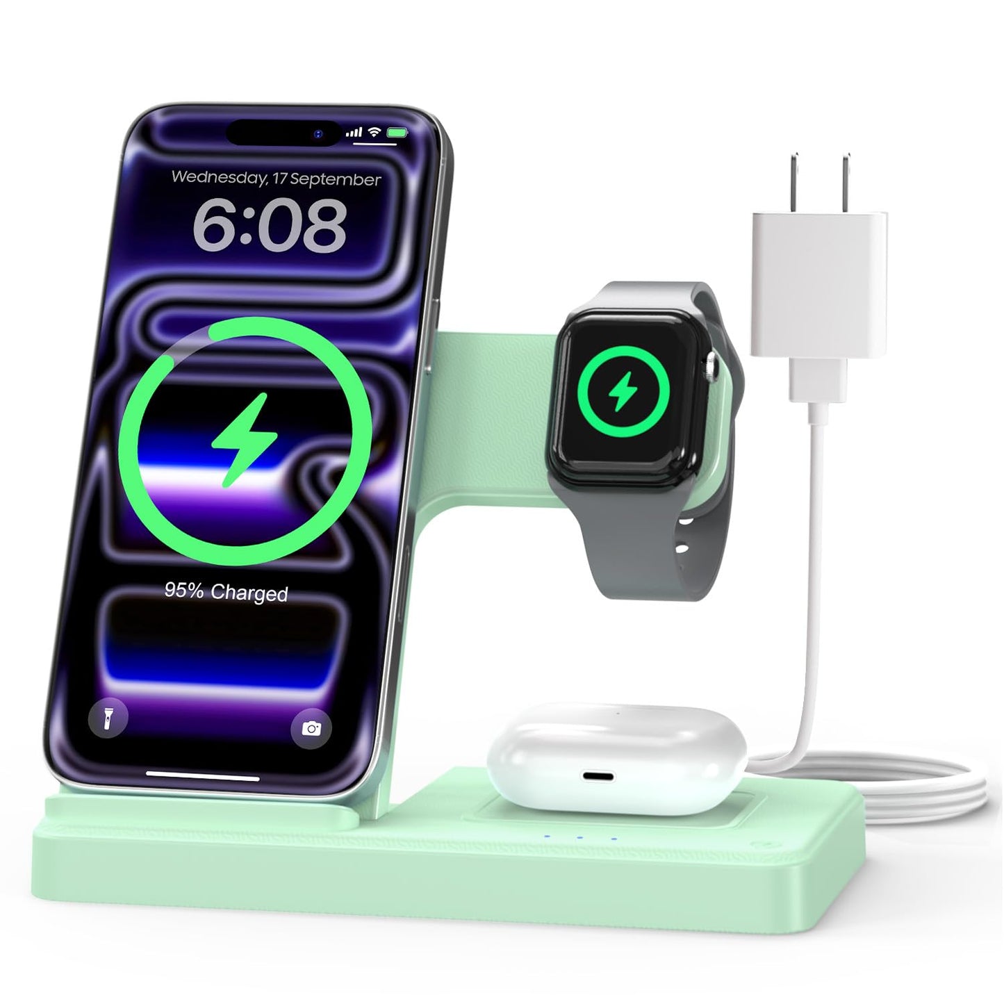 GETPALS Wireless Charger iPhone Charging Station for Apple Multiple Devices | 3 in 1 Charger Stand for iPhone 17 Pro Max 17e 16 16e 15 14 13 12 & Watch Series 11-2 SE Ultra & Airpods 4 3 Pro, Black