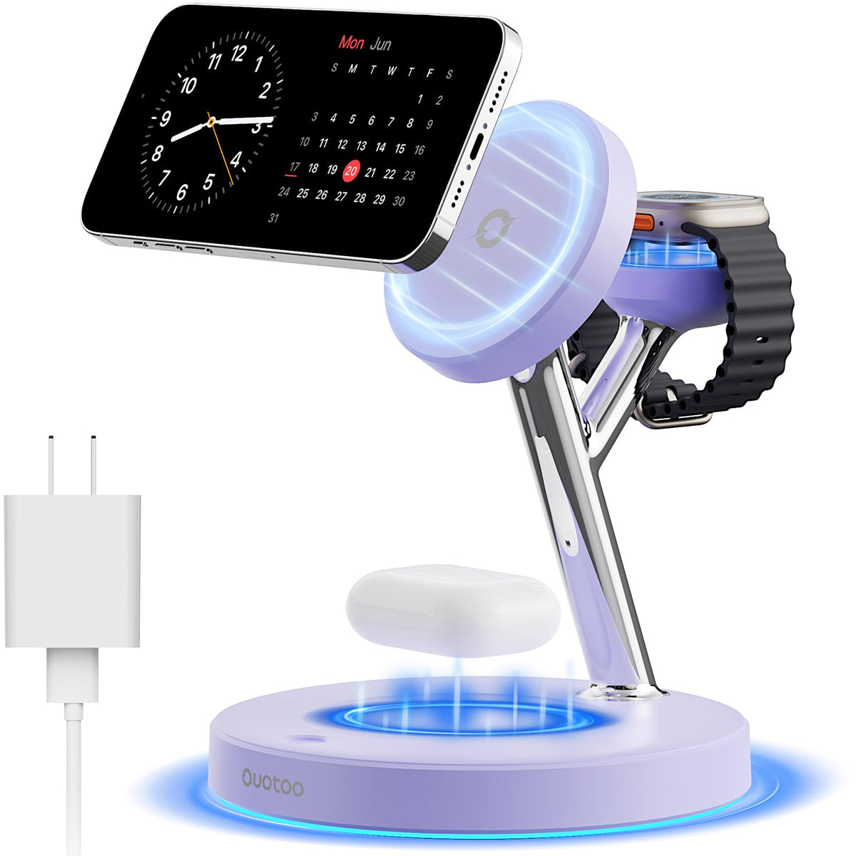 3 in 1 MagSafe Wireless Charger Stand for iPhone Apple Watch AirPods | Adjustable Blue Ambient Light,15W Magnetic Charging Station for iPhone 17 16 15 14 13 12 Series wireless charging station