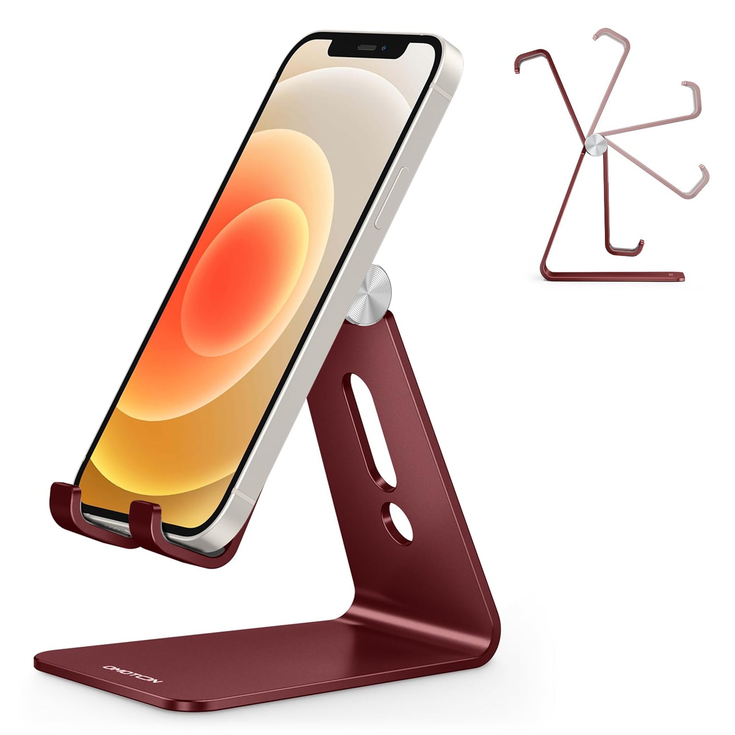 OMOTON C2 Adjustable Aluminum Cell Phone Stand with Charging Cutout, Silver | Sturdy 3mm Base with Non-Slip Silicone Pads, Multi-Angle, Works with 19mm Thick Cases Smartphones, Desktop Recording Facetime