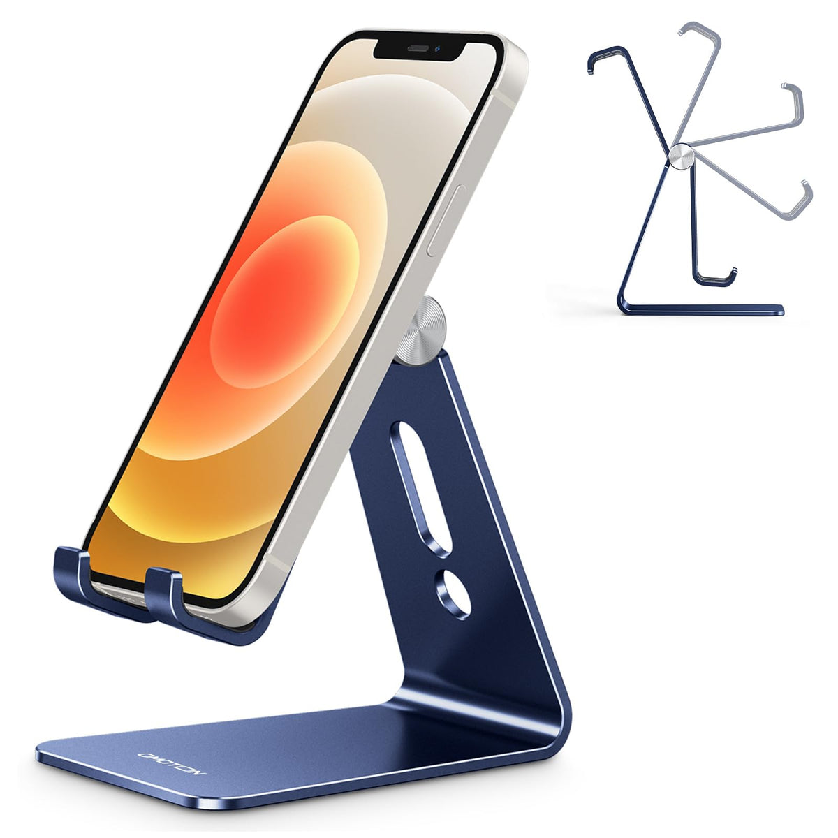 OMOTON C2 Adjustable Aluminum Cell Phone Stand with Charging Cutout, Silver | Sturdy 3mm Base with Non-Slip Silicone Pads, Multi-Angle, Works with 19mm Thick Cases Smartphones, Desktop Recording Facetime