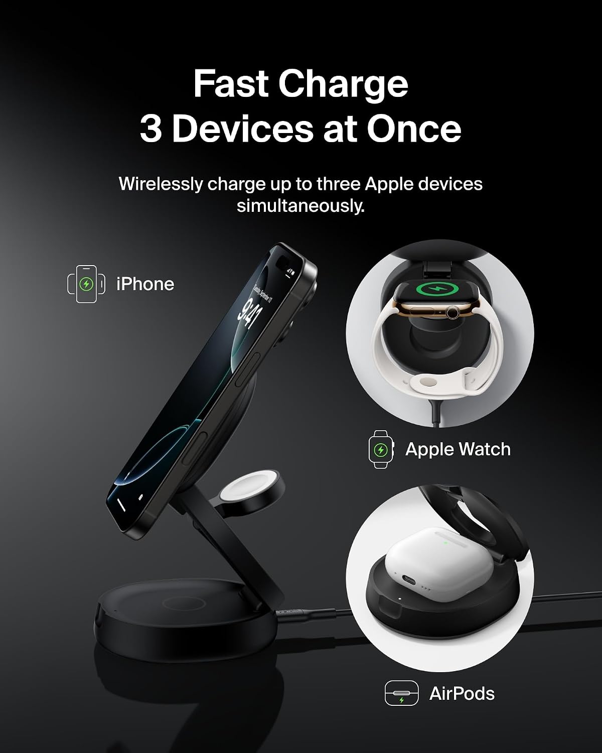Belkin Qi2 15W Wireless Fast Charging Station, 3 in 1 iPhone Charger | Fast Charging, MagSafe Compatible, iPhone 17/16/15, Apple Watch, AirPods, Travel Charger, Magnetic