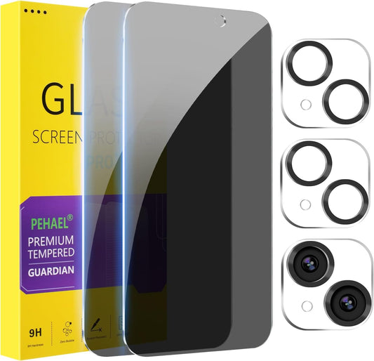 PEHAEL for iPhone 15 Privacy Screen Protector+Camera Lens Protector | Installation kits, Anti-Spy Private, Anti-Scratch, 9H Tempered Glass, Case Friendly, 2+2 Pack, [6.1 inch]