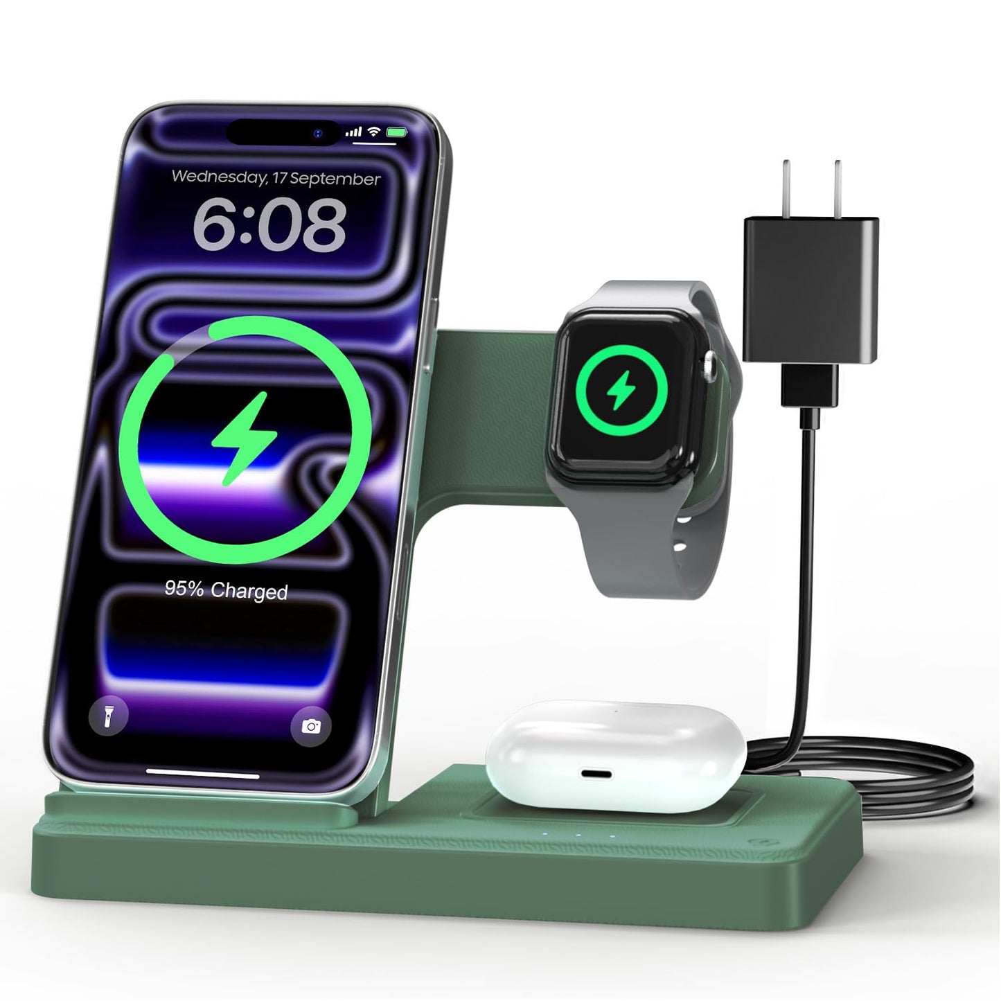 GETPALS Wireless Charger iPhone Charging Station for Apple Multiple Devices | 3 in 1 Charger Stand for iPhone 17 Pro Max 17e 16 16e 15 14 13 12 & Watch Series 11-2 SE Ultra & Airpods 4 3 Pro, Black