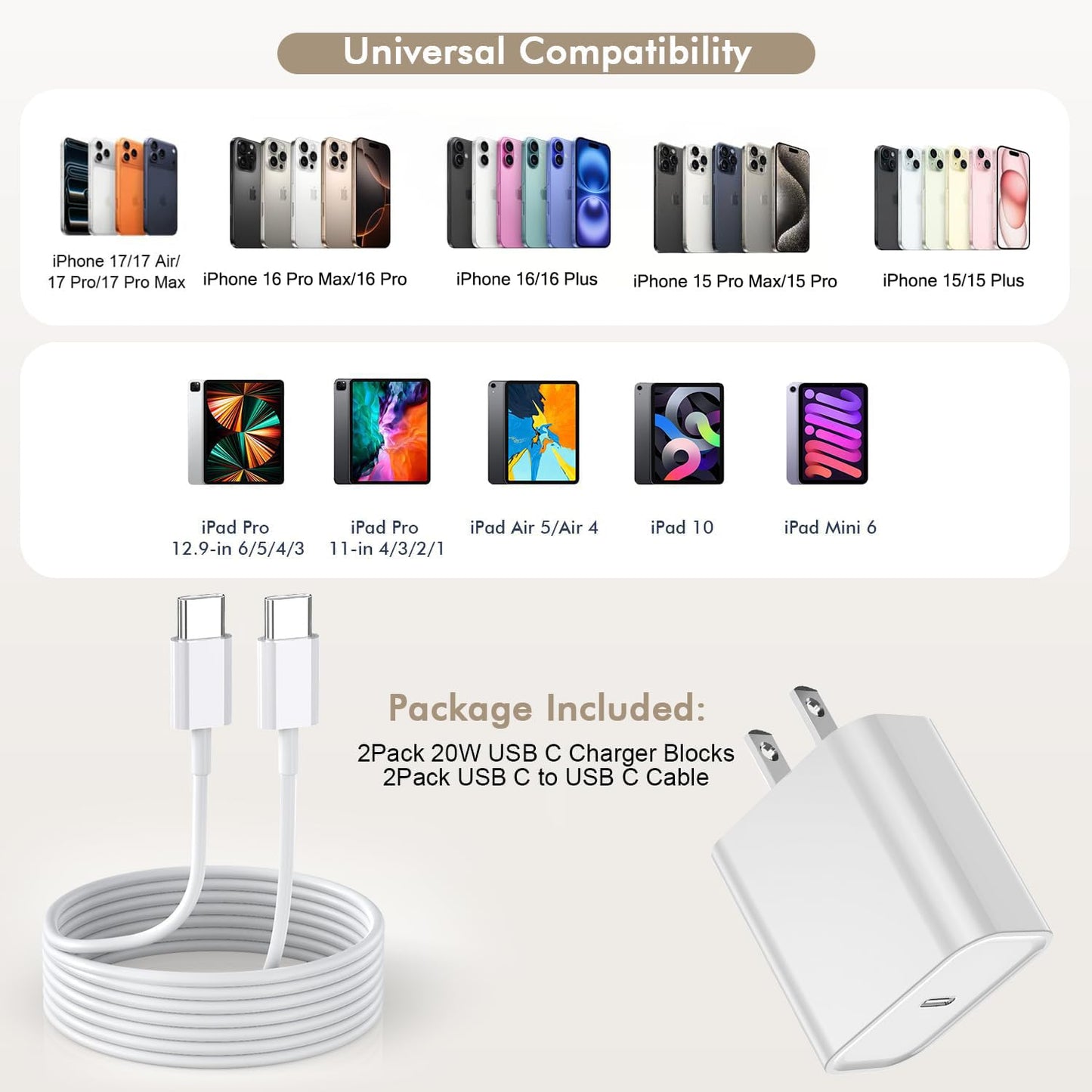 iPhone 17 16 15 Charger Fast Charging, 2Pack 10FT Extra Long USBC to C Cable Cord with 20W Apple iPad USB C Fast Charger USB C Wall Charger Block for iPhone 17/16 Pro Max/17 Air/16 Pro/15/15 Plus,iPad