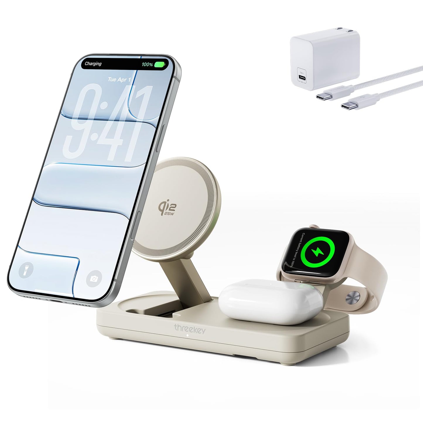3 in 1 Qi2 Wireless Charging Station, 25W Magnetic Charger with MFi-Certified Apple Watch Module for iPhone 17/16/15/14/13/12, AirPods, Pixel 10 Pro XL, 45W Adapter