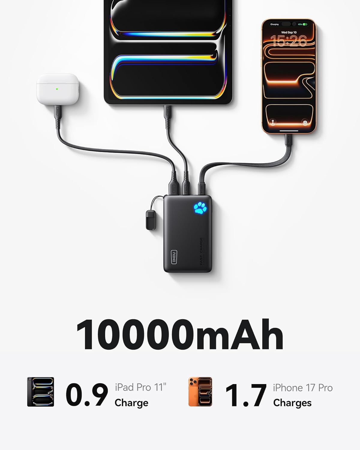 INIU 45W Fast Charging Portable Charger, Smaller 10000mAh Travel Power Bank | Flight-Safe, Detachable USB C Cable, Travel Essential, External Battery Phone Pack for iPhone 17 Samsung S26 iPad etc