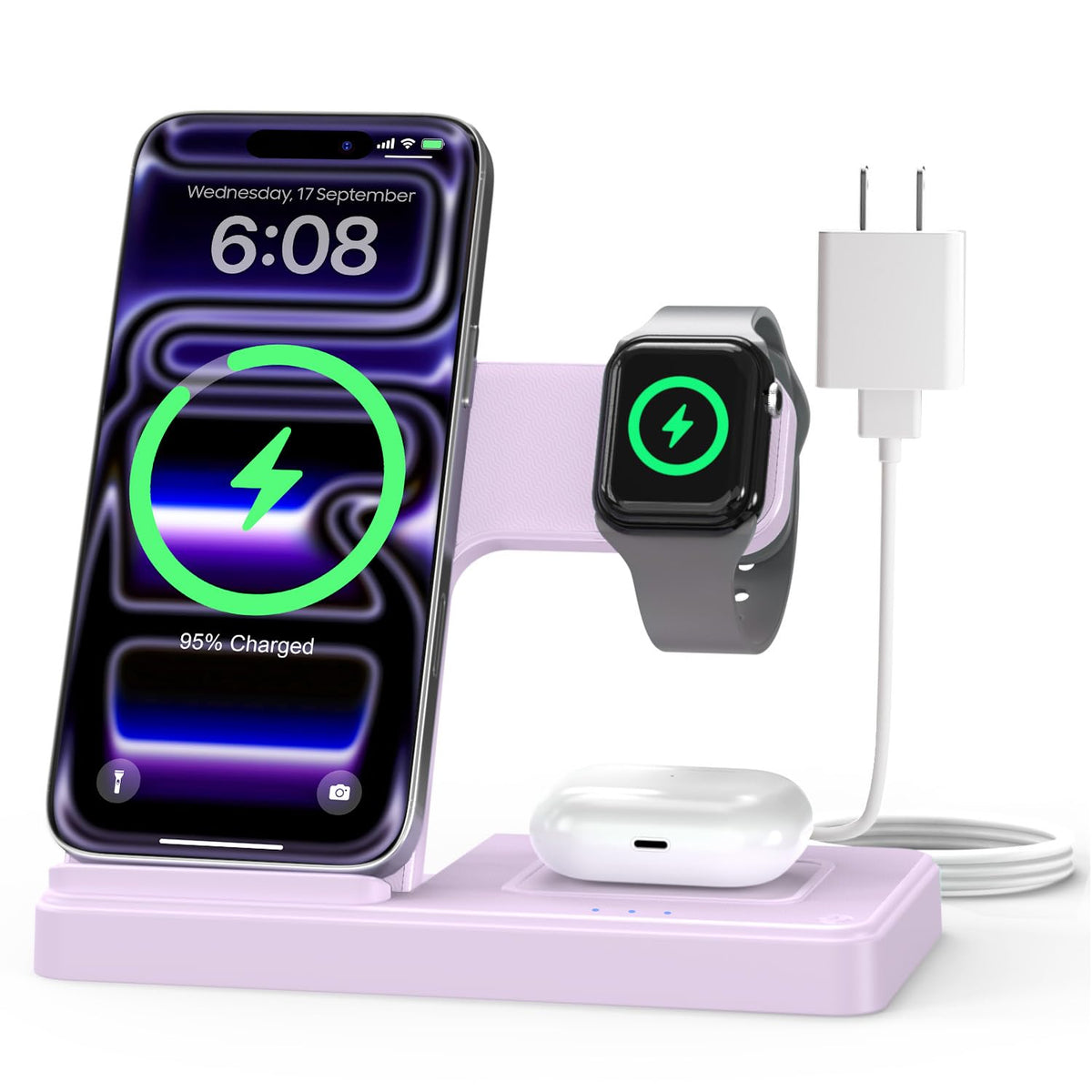 GETPALS Wireless Charger iPhone Charging Station for Apple Multiple Devices | 3 in 1 Charger Stand for iPhone 17 Pro Max 17e 16 16e 15 14 13 12 & Watch Series 11-2 SE Ultra & Airpods 4 3 Pro, Black
