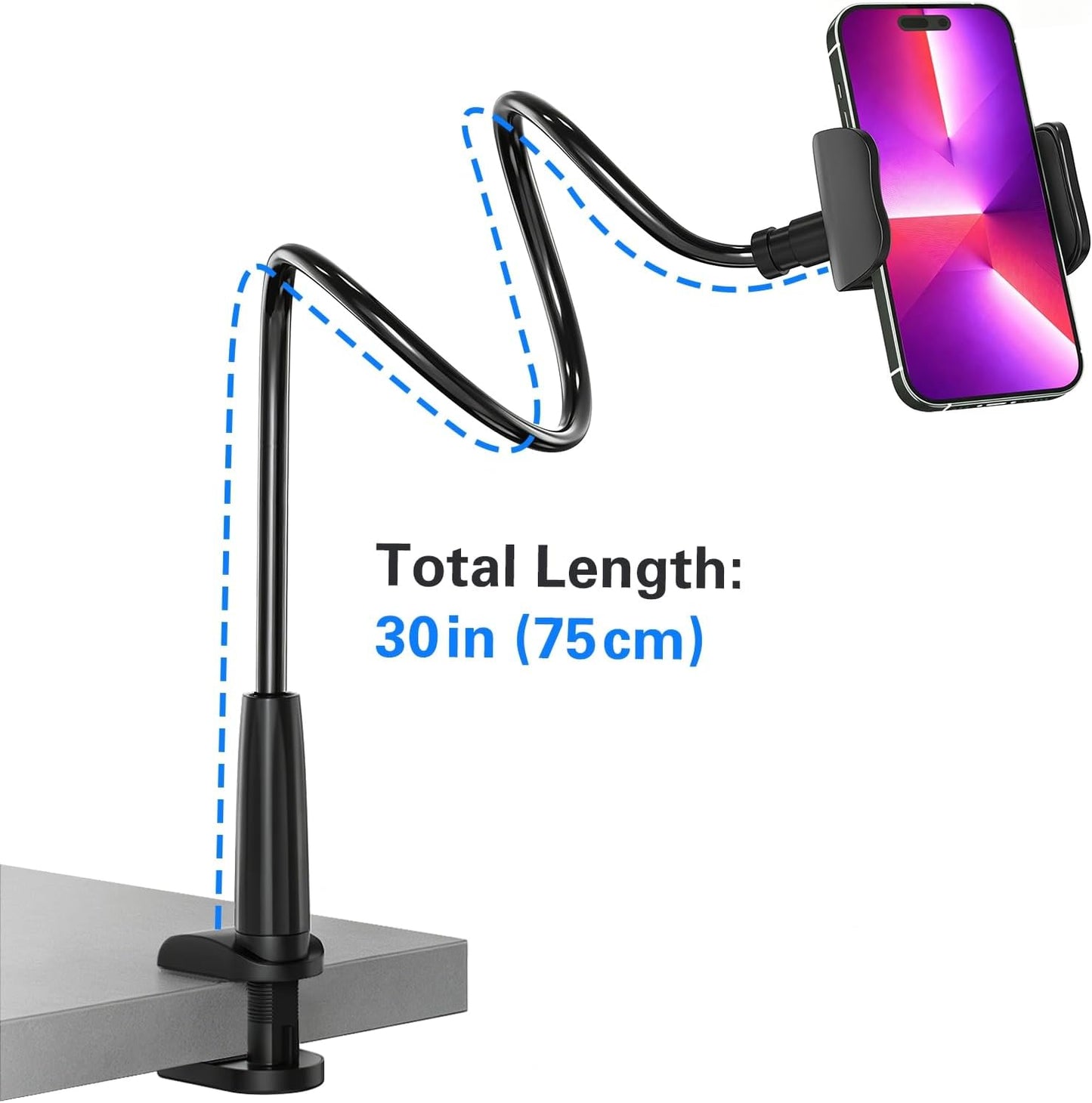 Gooseneck Phone Holder for Bed, Flexible Overhead Cell Phone Mount for Desk, Hands-Free Viewing Clamp Stand Compatible with iPhone 17 16 15 Pro Max and 3.5-7" Devices