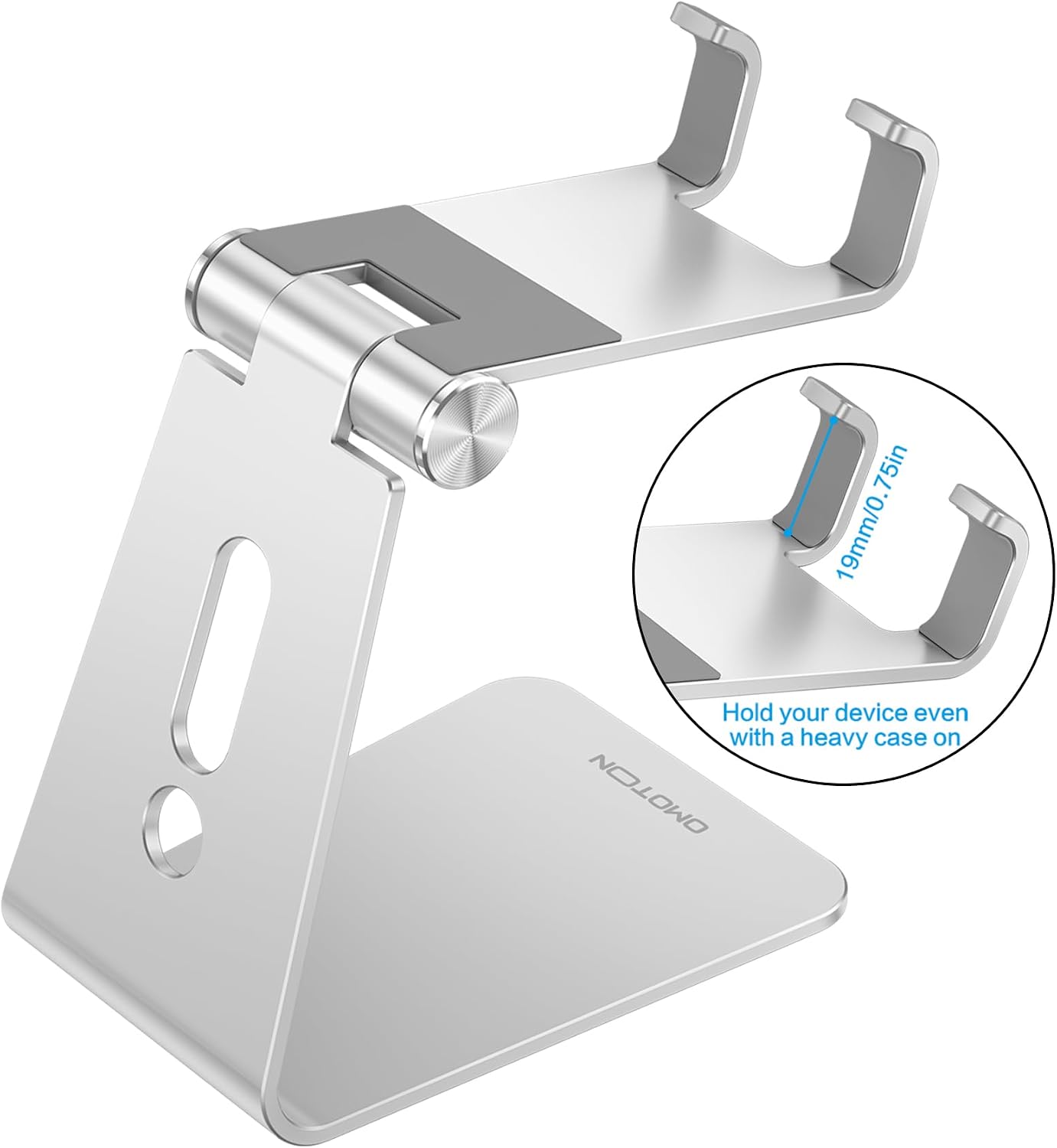 OMOTON C2 Adjustable Aluminum Cell Phone Stand with Charging Cutout, Silver | Sturdy 3mm Base with Non-Slip Silicone Pads, Multi-Angle, Works with 19mm Thick Cases Smartphones, Desktop Recording Facetime
