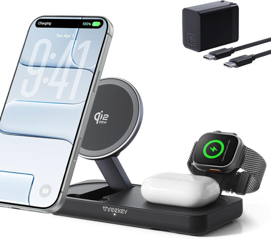 3 in 1 Qi2 Wireless Charging Station, 25W Magnetic Charger with MFi-Certified Apple Watch Module for iPhone 17/16/15/14/13/12, AirPods, Pixel 10 Pro XL, 45W Adapter