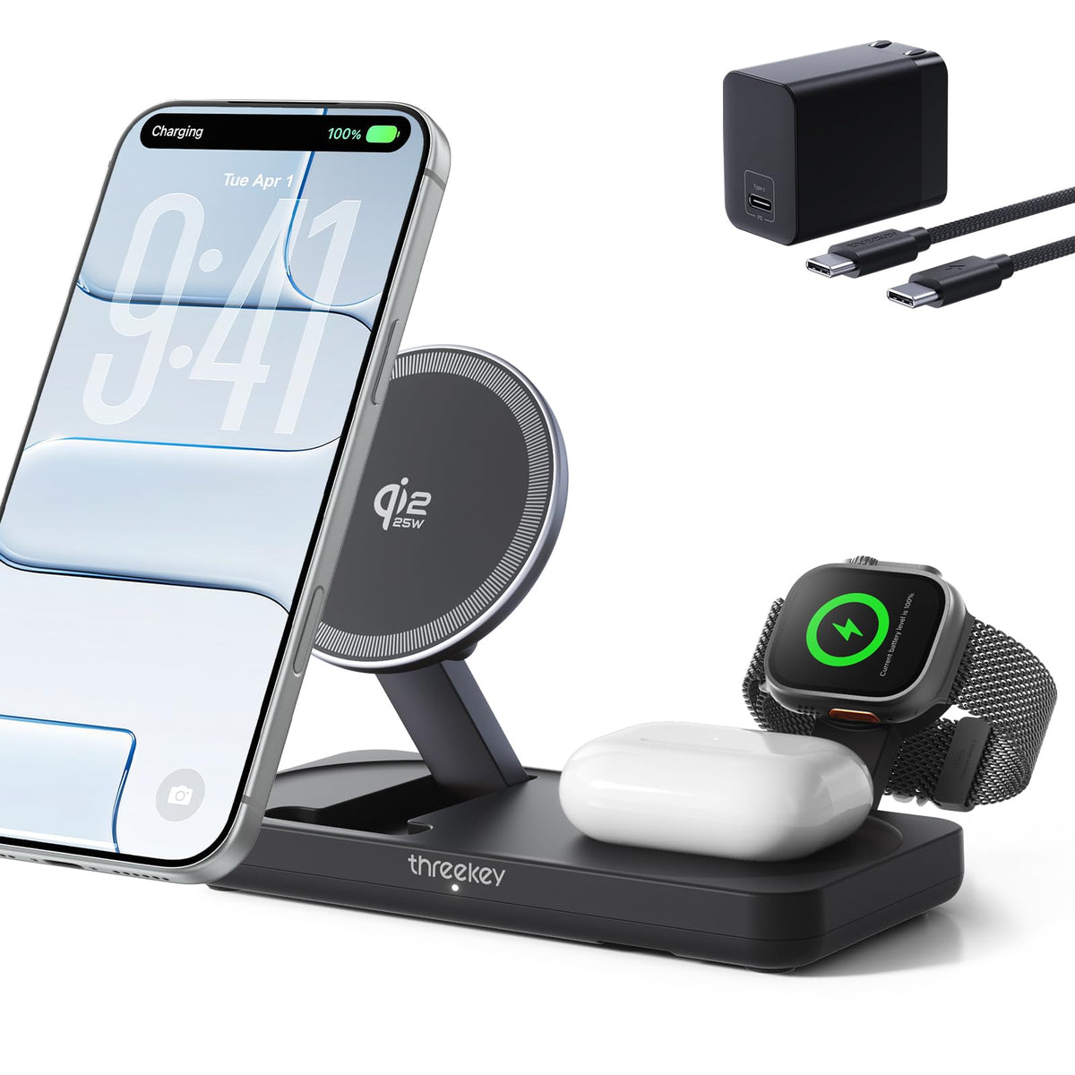 3 in 1 Qi2 Wireless Charging Station, 25W Magnetic Charger with MFi-Certified Apple Watch Module for iPhone 17/16/15/14/13/12, AirPods, Pixel 10 Pro XL, 45W Adapter