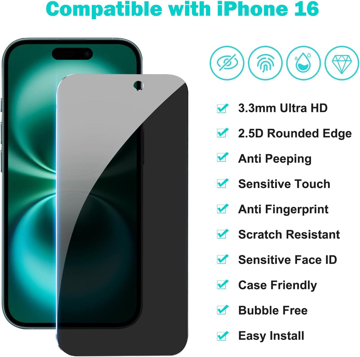 PEHAEL for iPhone 16 Privacy Screen Protector+Camera Lens Protector | 3+3 Pack, Installation Frame, Cleaning kits, Anti-Spy Private, Anti-Scratch, 9H Tempered Glass, Case Friendly, [6.1 inch]