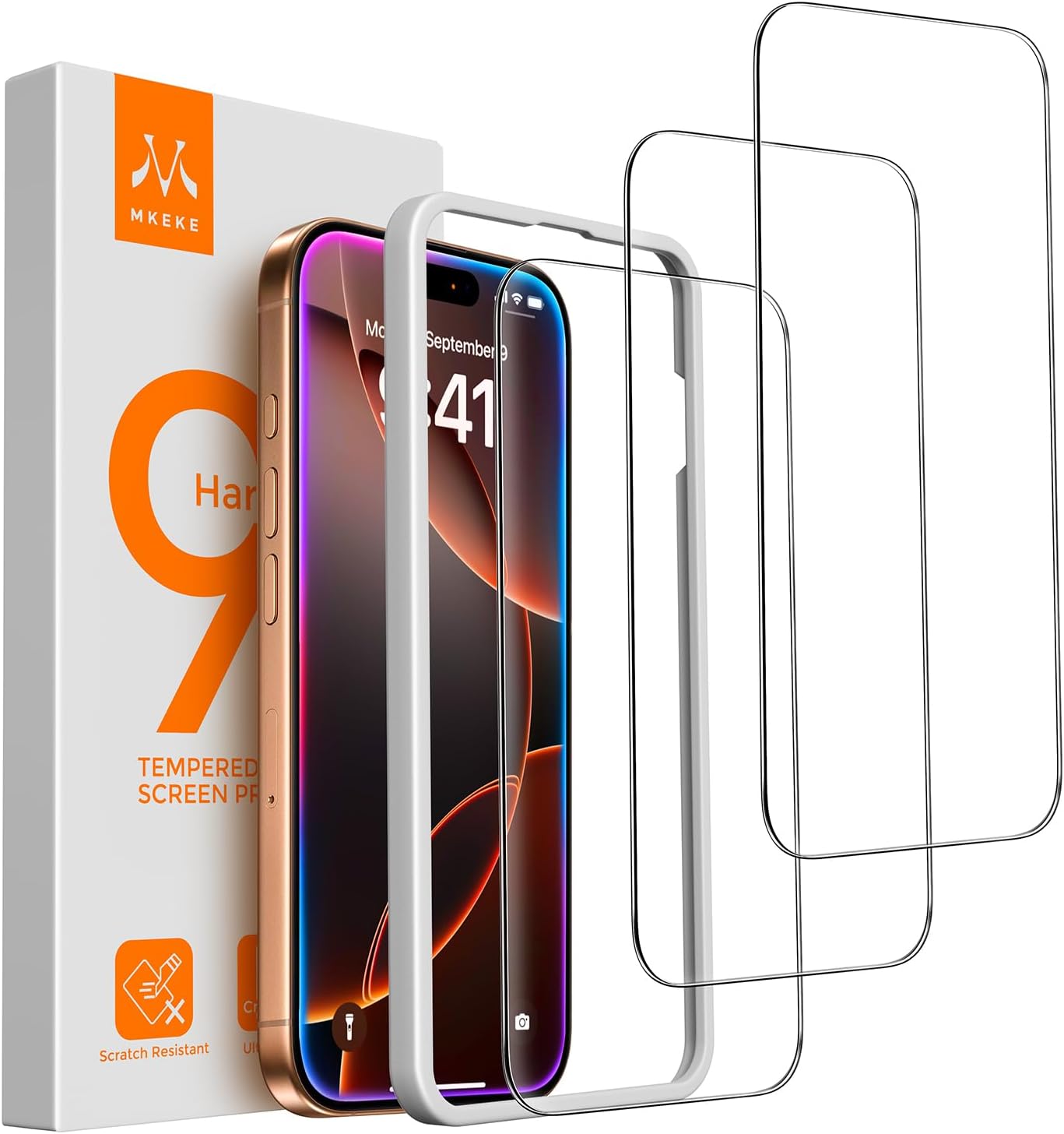 Mkeke Screen Protector for iPhone 16 Pro, 3 Pack 9H+ Tempered Glass | Military-Grade Drop Protection [Sensitive Touch] [Easy Installation Frame] [99.99% HD Clear] Bubble-Free for 6.3 inch