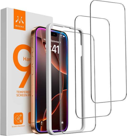 Mkeke Screen Protector for iPhone 16 Pro, 3 Pack 9H+ Tempered Glass | Military-Grade Drop Protection [Sensitive Touch] [Easy Installation Frame] [99.99% HD Clear] Bubble-Free for 6.3 inch