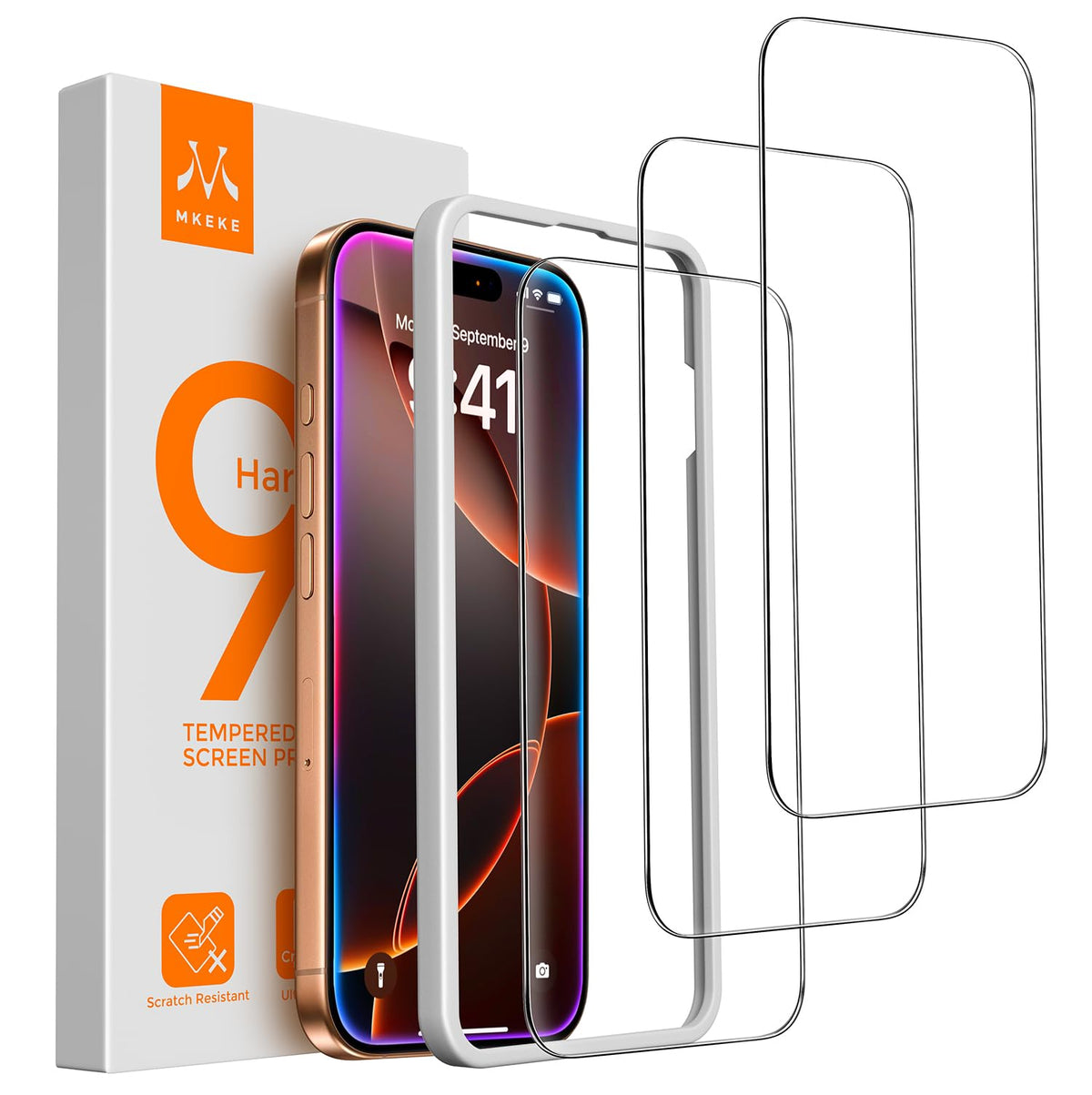 Mkeke Screen Protector for iPhone 16 Pro, 3 Pack 9H+ Tempered Glass | Military-Grade Drop Protection [Sensitive Touch] [Easy Installation Frame] [99.99% HD Clear] Bubble-Free for 6.3 inch