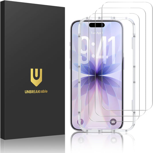 UNBREAKcable 3-Pack Screen Protector for iPhone 17 Tempered Glass | Shatterproof, Easy Install, 9H Hardness, 99.99% HD Clear, Bubble-Free, Anti-Fingerprint, Scratch Resistant, Case Friendly