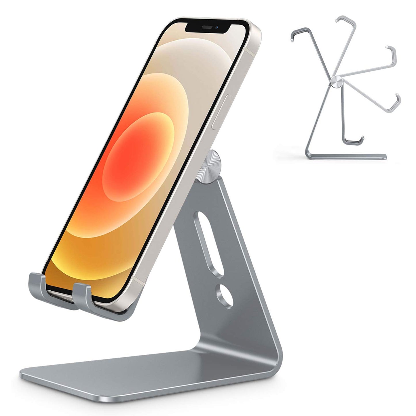 OMOTON C2 Adjustable Aluminum Cell Phone Stand with Charging Cutout, Silver | Sturdy 3mm Base with Non-Slip Silicone Pads, Multi-Angle, Works with 19mm Thick Cases Smartphones, Desktop Recording Facetime