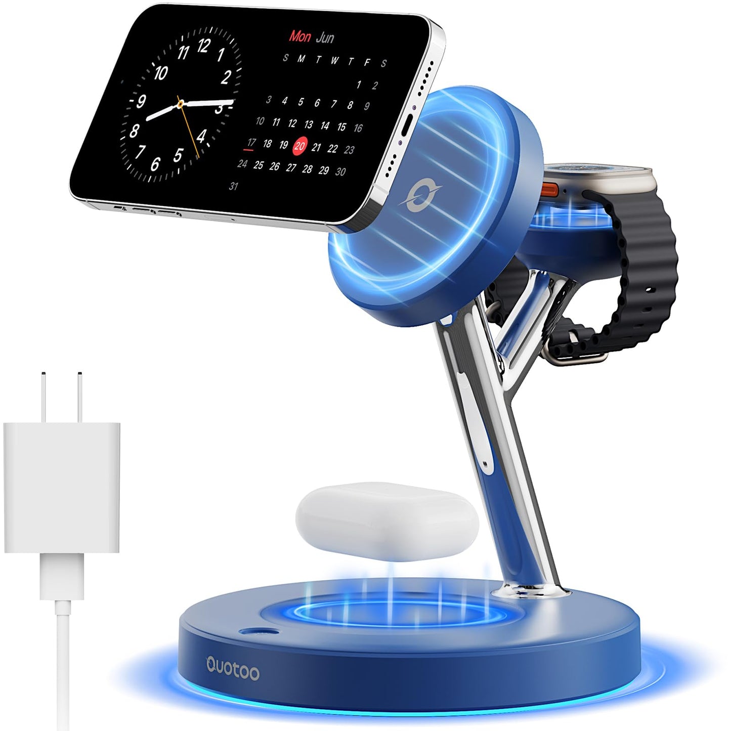 3 in 1 MagSafe Wireless Charger Stand for iPhone Apple Watch AirPods | Adjustable Blue Ambient Light,15W Magnetic Charging Station for iPhone 17 16 15 14 13 12 Series wireless charging station