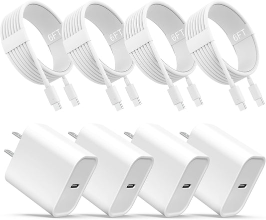 iPhone 17 16 15 Charger, USB C Charger, 4Pack Fast Wall Charging with Cable | USB-C Chargers Block (4-Pack 6 ft Cable Included) for iPhone 17/16/15/15 Pro/15 Pro Max/iPad Pro/AirPods Samsung & More