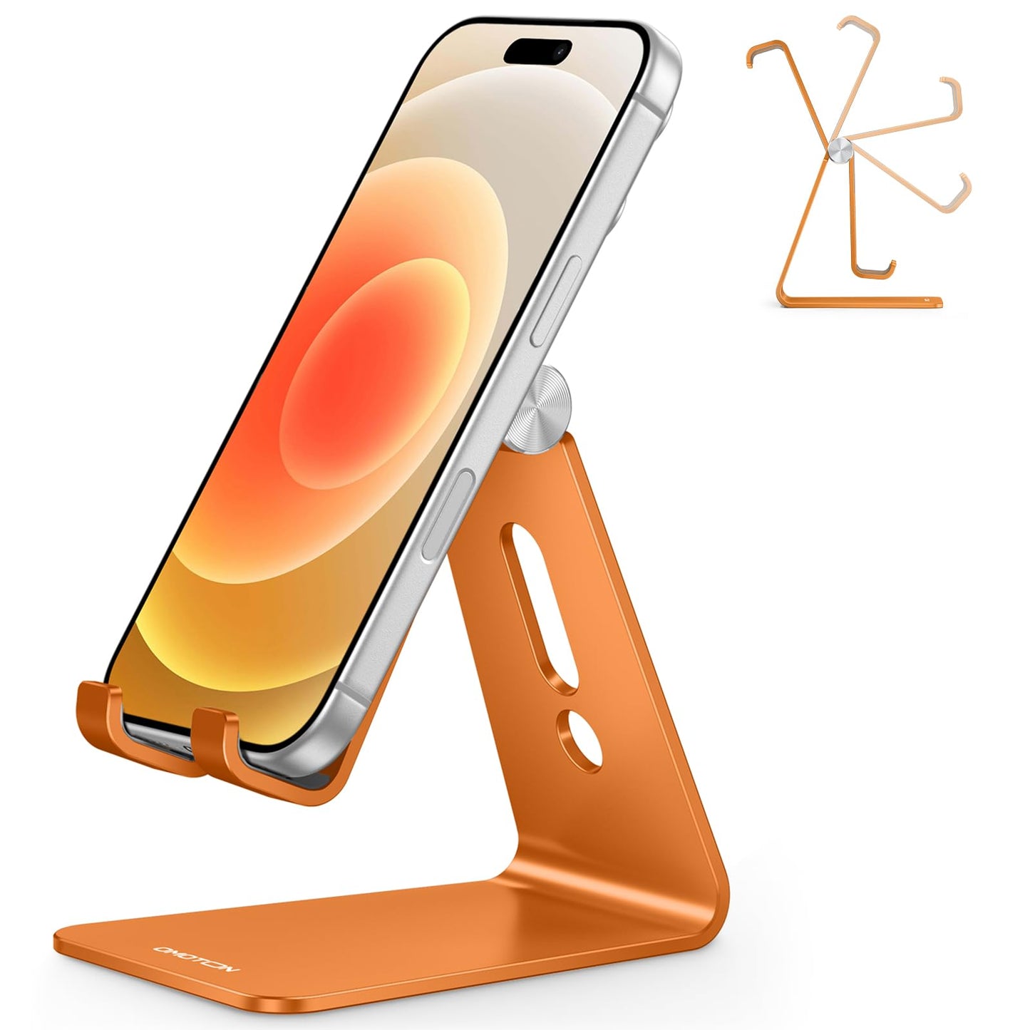 OMOTON C2 Adjustable Aluminum Cell Phone Stand with Charging Cutout, Silver | Sturdy 3mm Base with Non-Slip Silicone Pads, Multi-Angle, Works with 19mm Thick Cases Smartphones, Desktop Recording Facetime