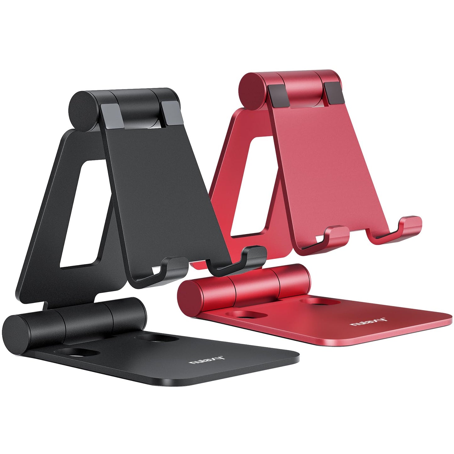 Nulaxy 2 Pack Aluminum Dual Folding Cell Phone Stand for Desk, Black&Silver | Height Angle Adjustable, Portable Phone Holder Fits 18mm Thick Case, Anti-Slip Base, Smartphone Desktop Essential Accessory