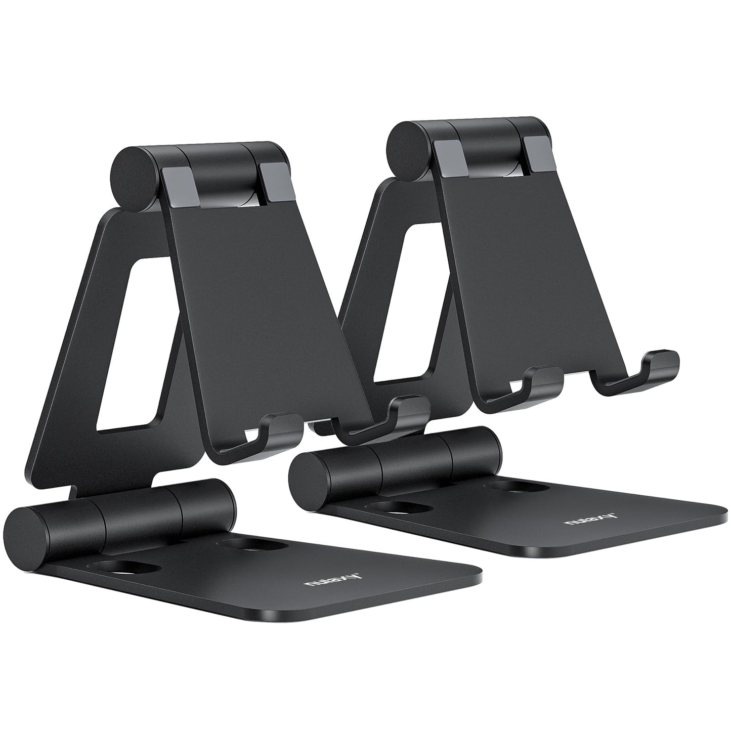 Nulaxy 2 Pack Aluminum Dual Folding Cell Phone Stand for Desk, Black&Silver | Height Angle Adjustable, Portable Phone Holder Fits 18mm Thick Case, Anti-Slip Base, Smartphone Desktop Essential Accessory