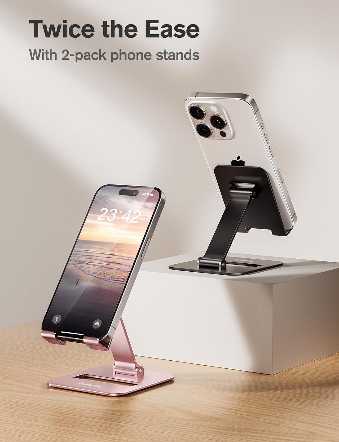 Nulaxy 2 Pcs Aluminum Dual Folding Cell Phone Stand for Desk Black&Rosegold | Height Angle Adjustable, Portable, Anti-Slip Base Phone Holder Fits 16mm Thick Case 4-8" Smartphone Desk Essential Accessory