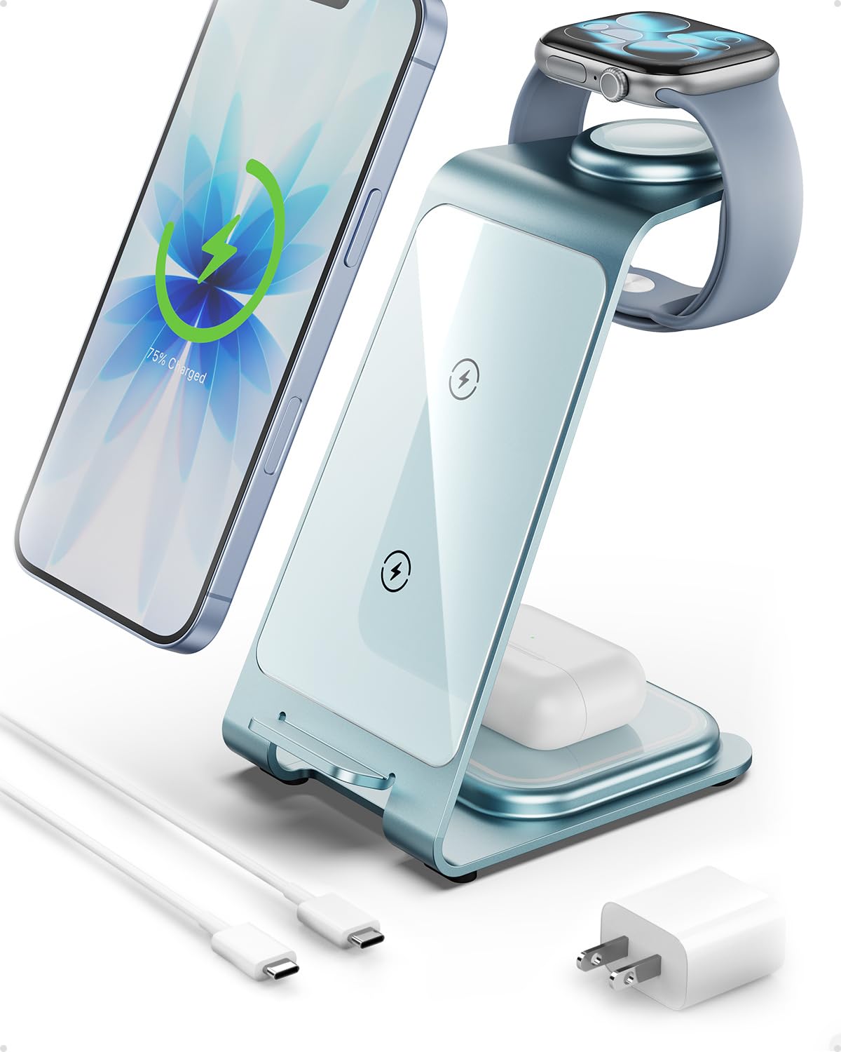 Intoval Aluminum 3 in 1 Wireless Charging Station for iPhone 17 16 15 14 13 12 11 Pro Max XR, Wireless Charger for Apple Watch 11 10 9 8 7 Ultra SE 3 2, Phone Charger for AirPods 4 Pro 2 3 (Grey)