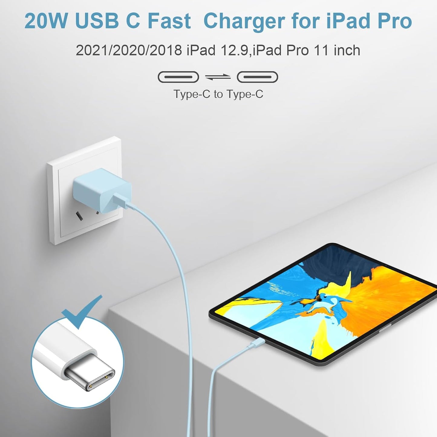 iPhone 17 16 15 Charger Fast Charging Type C Chargers USB C Charger Block | for iPhones, iPads,Tablets,Android phones,20W iPhone Charger USB-C Power Adapter,with Long 6FT USB C Charging Cables(Blue)