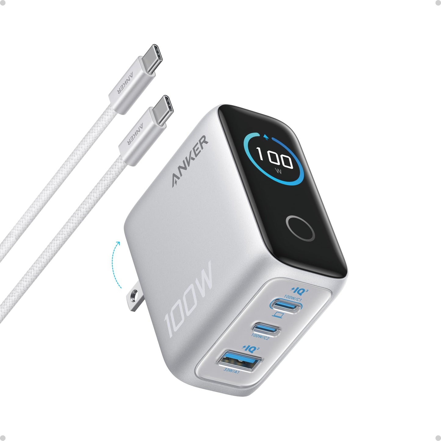 Anker 100W Max USB C Charger, 3-Port GaN Phone Charger with Smart Display | Ultra-Compact Fast Laptop Charger with Touch Control for iPhone 17 Series,iPad,MacBook Pro/Air(Include Cable,Non-Battery)