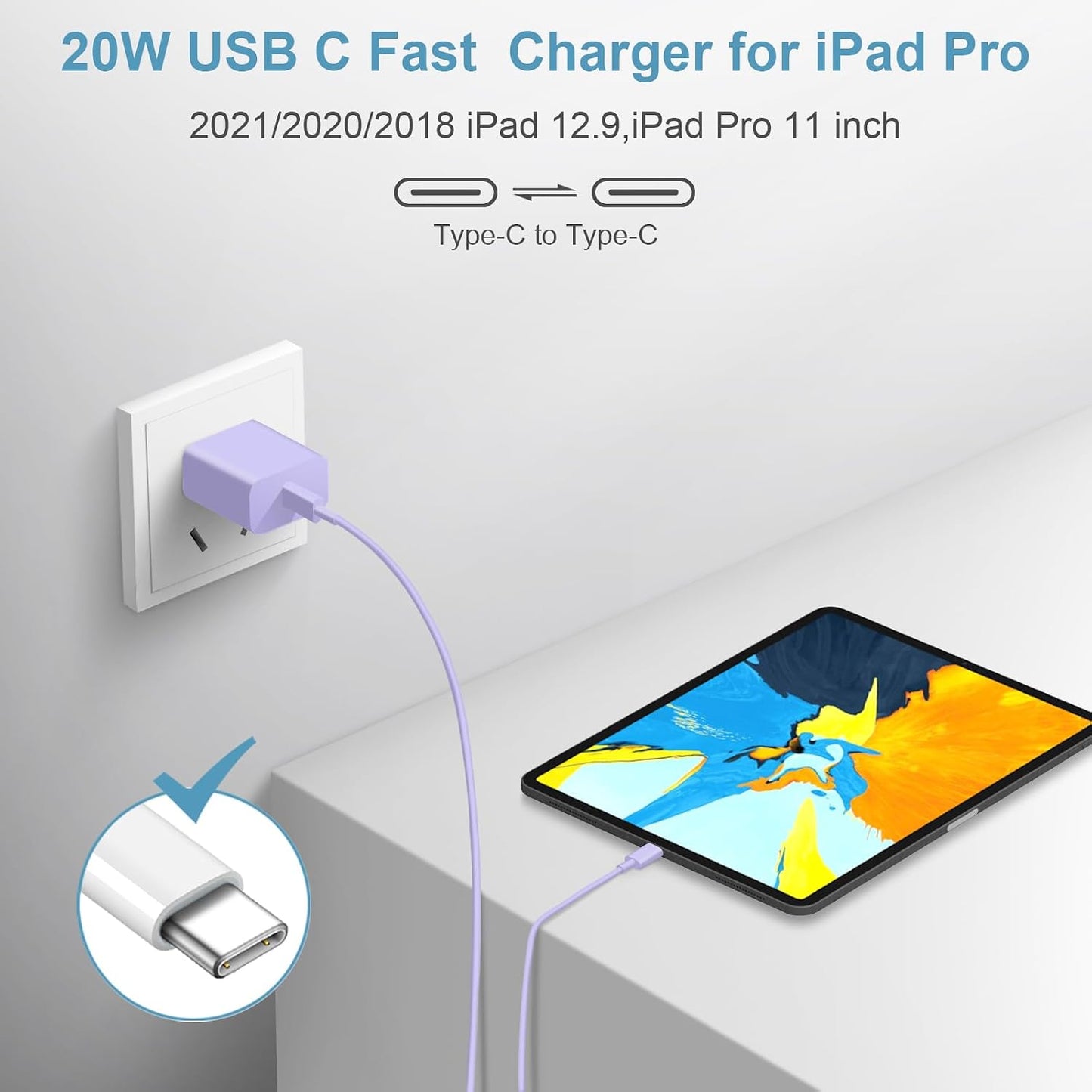 iPhone 17 16 15 Charegr Fast Charging Type C Chargers USB C Charger Block | for iPhones, iPads,Tablets, Android phones,20W iPhone Charger USB-C Power Adapter,with Long 6Ft USB C Charging Cables(Purple)