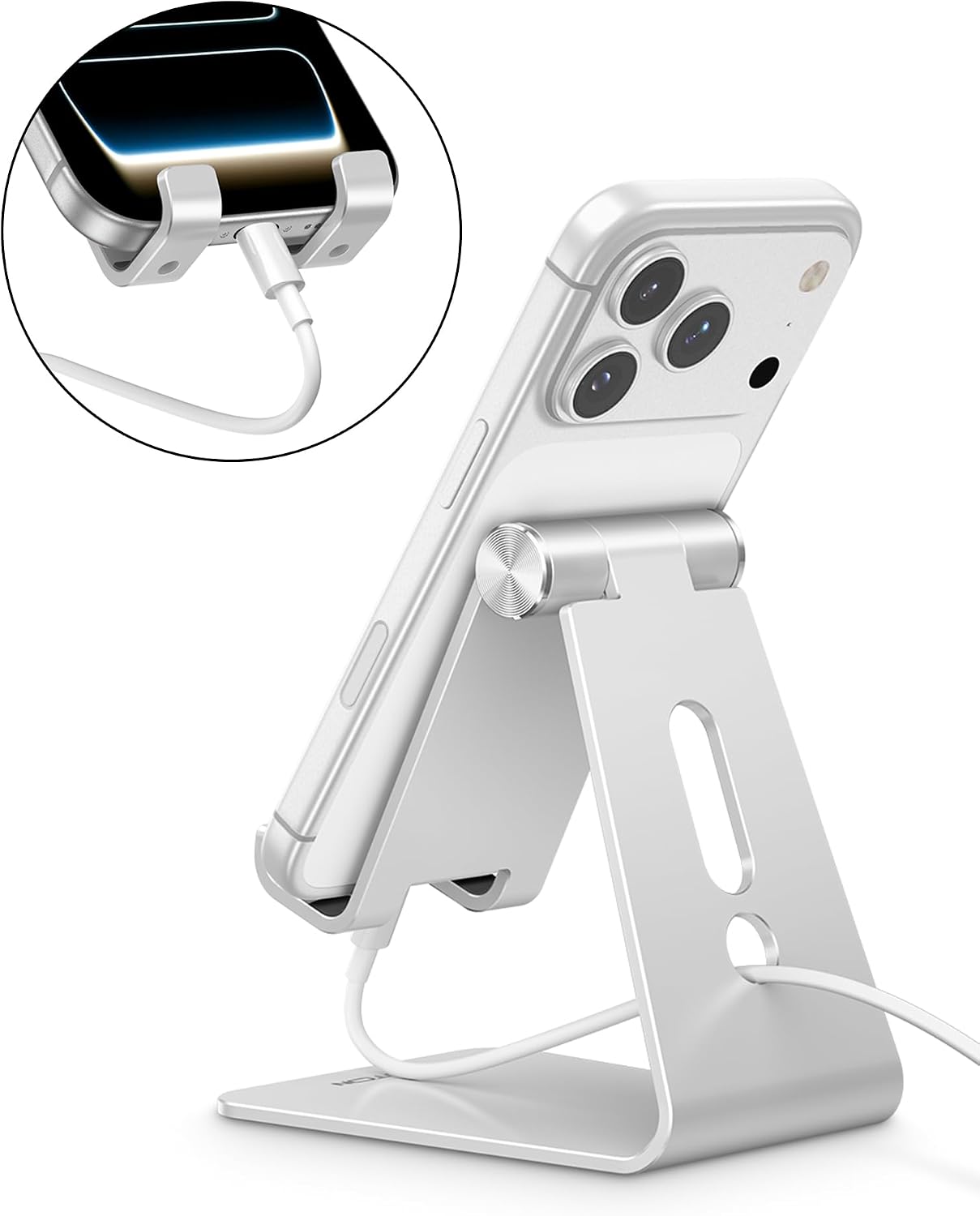 OMOTON C2 Adjustable Aluminum Cell Phone Stand with Charging Cutout, Silver | Sturdy 3mm Base with Non-Slip Silicone Pads, Multi-Angle, Works with 19mm Thick Cases Smartphones, Desktop Recording Facetime