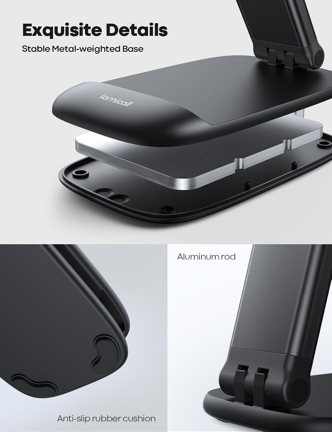Lamicall Cell Phone Stand for Desk, Height Angle Adjustable Phone Holder | Foldable, Portable, for iPhone 17 16 15 14 13 12 11 Pro Max Plus Air Galaxy S25, Office Gift, Telephone Accessories, Black