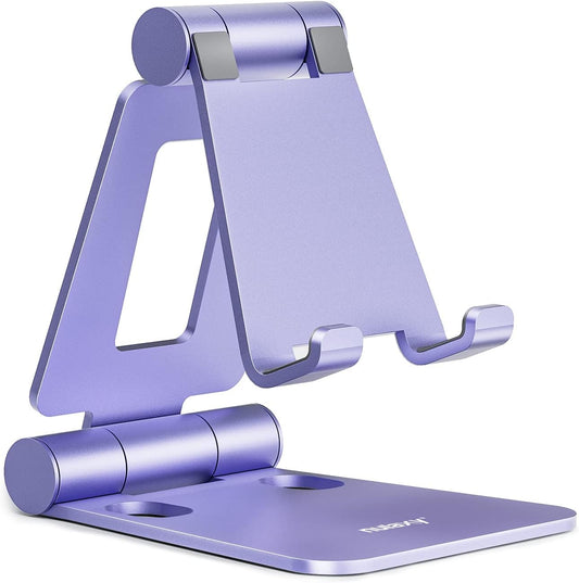 Nulaxy Full Aluminum Dual Folding Cell Phone Stand for Desk, Purple | Height Angle Adjustable, Portable, Anti-Slip Base, Fits 18mm Thick Case Smartphone, Nintendo Switch Desk Essential Accessory