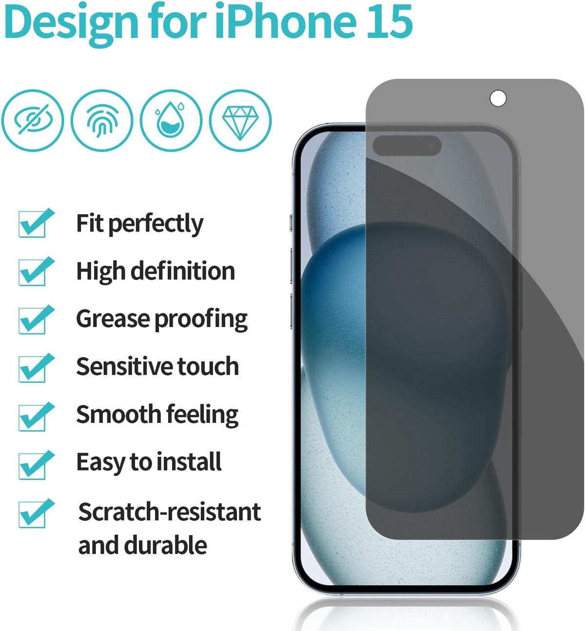 PEHAEL for iPhone 15 Privacy Screen Protector+Camera Lens Protector | Installation kits, Anti-Spy Private, Anti-Scratch, 9H Tempered Glass, Case Friendly, 2+2 Pack, [6.1 inch]
