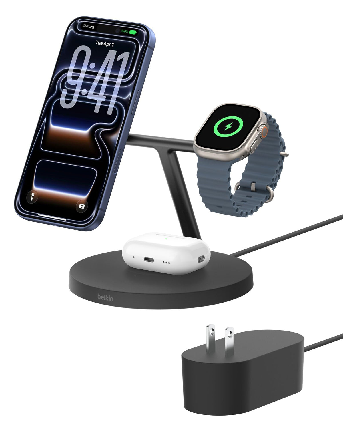 Belkin Qi2 15W Wireless Charging Station, 3 in 1 iPhone Charger | Fast Charging, MagSafe Compatible, iPhone 17/16/15, Apple Watch, AirPods, Travel Charger, Magnetic